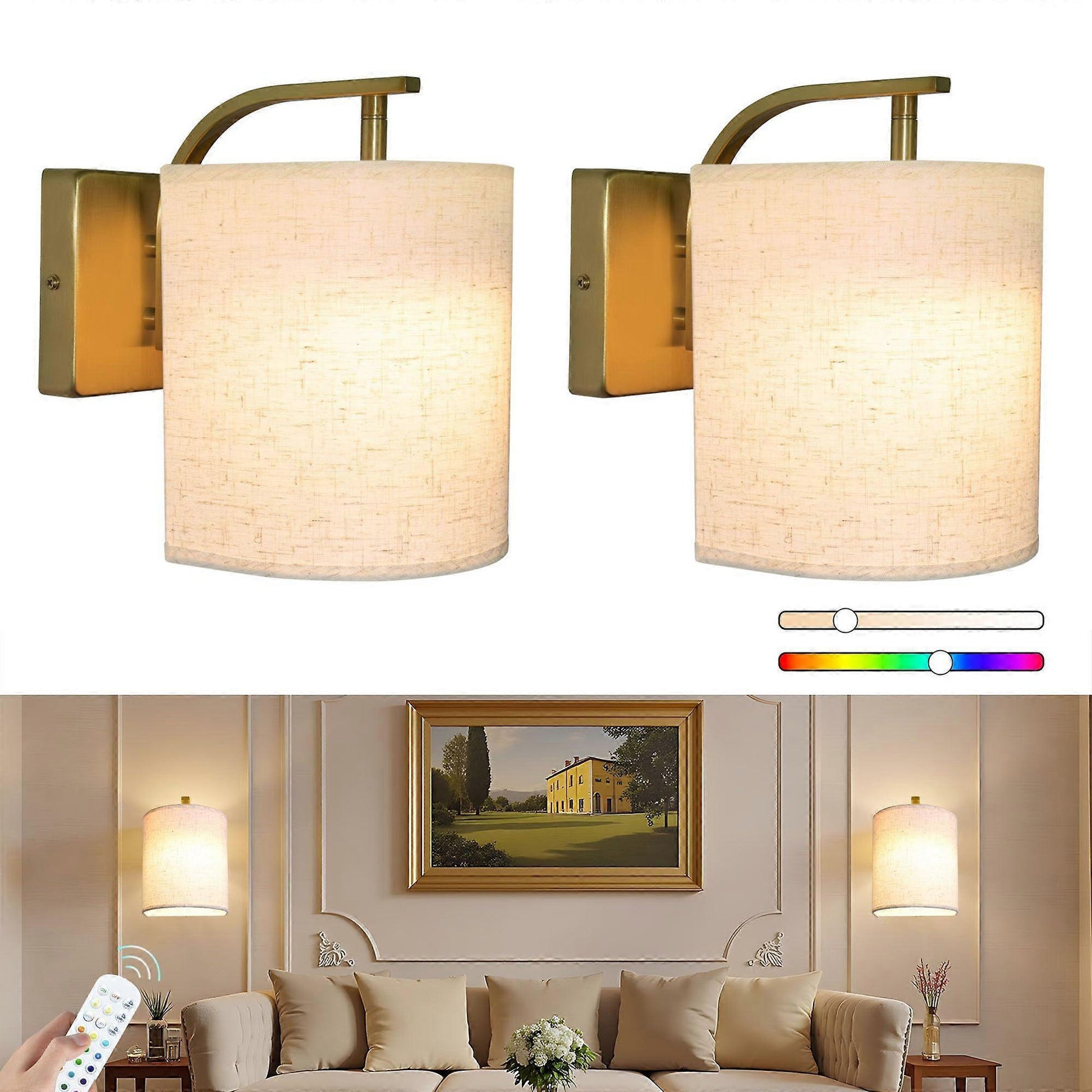 Battery Operated Wall Sconces Set of 2, Rechargeable LED Lights, Remote, 12 RGB Colors, Gold