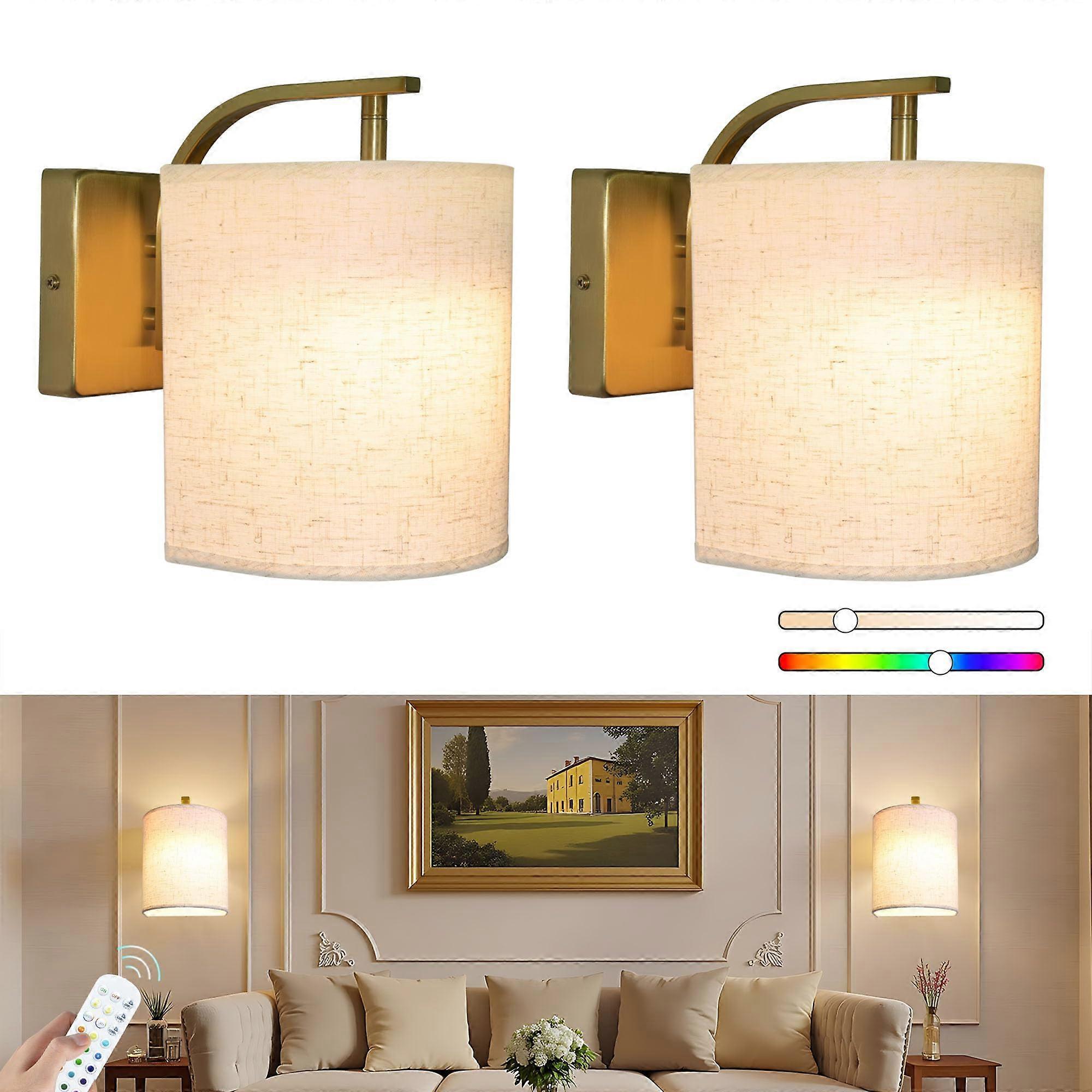 Battery Operated Wall Sconces Set of 2, Rechargeable LED Lights, Remote, 12 RGB Colors, Gold