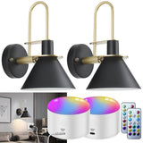 Battery Operated Wall Sconces Set of 2, RGB Wireless LED, Remote, 10000mAh, Black