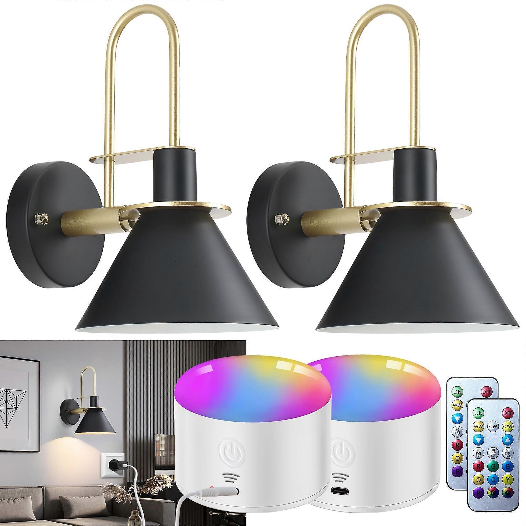 Battery Operated Wall Sconces Set of 2, RGB Wireless LED, Remote, 10000mAh, Black