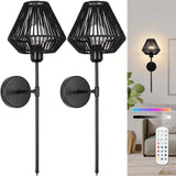 Battery Operated Wall Sconces Set of 2, Boho Rattan LED, Rechargeable, Remote, RGB Dimmable