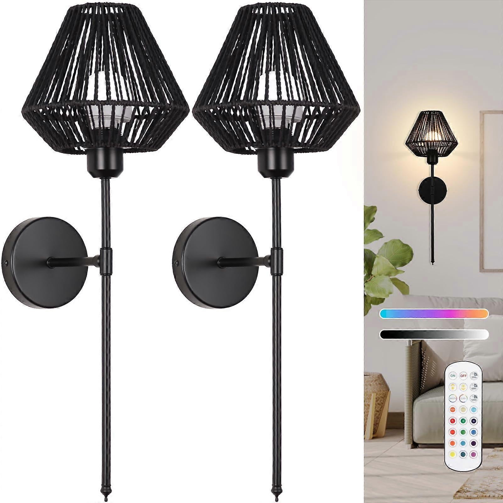 Battery Operated Wall Sconces Set of 2, Boho Rattan LED, Rechargeable, Remote, RGB Dimmable