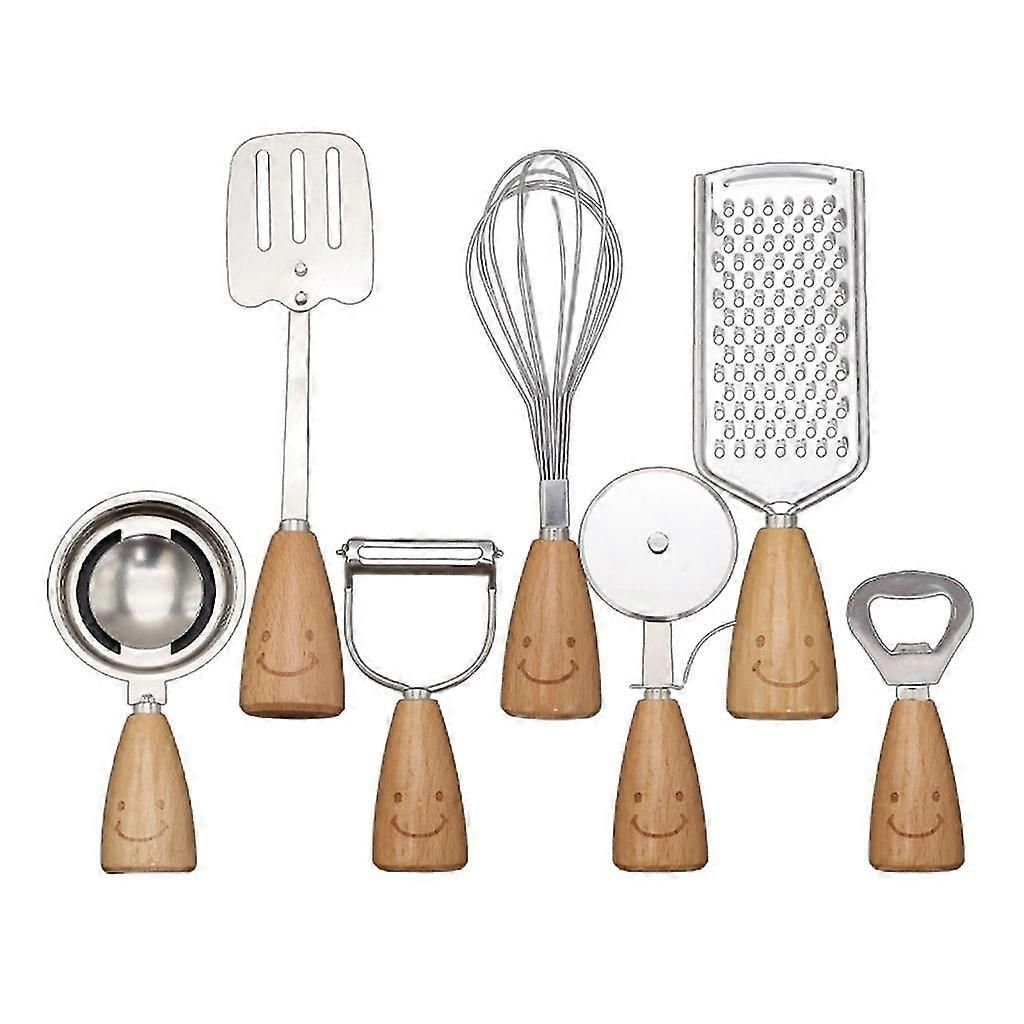 7-Piece Kitchen Tool Set - Vertical Wooden Handle: Grater, Whisk, Peeler, Spatula & More