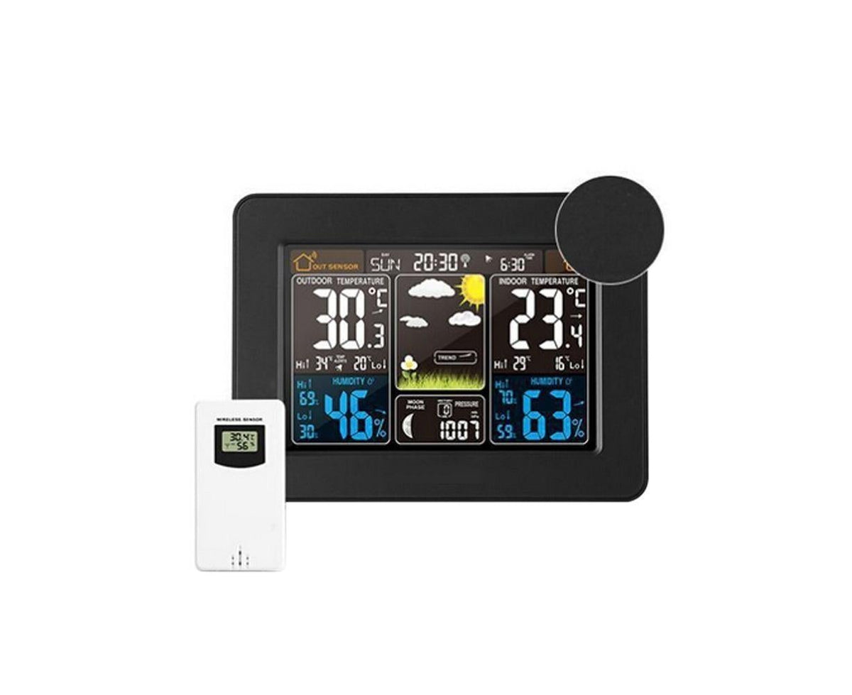 Wireless Weather Station Alarm Clock Thermometer Calendar with Outdoor Sensor - Black