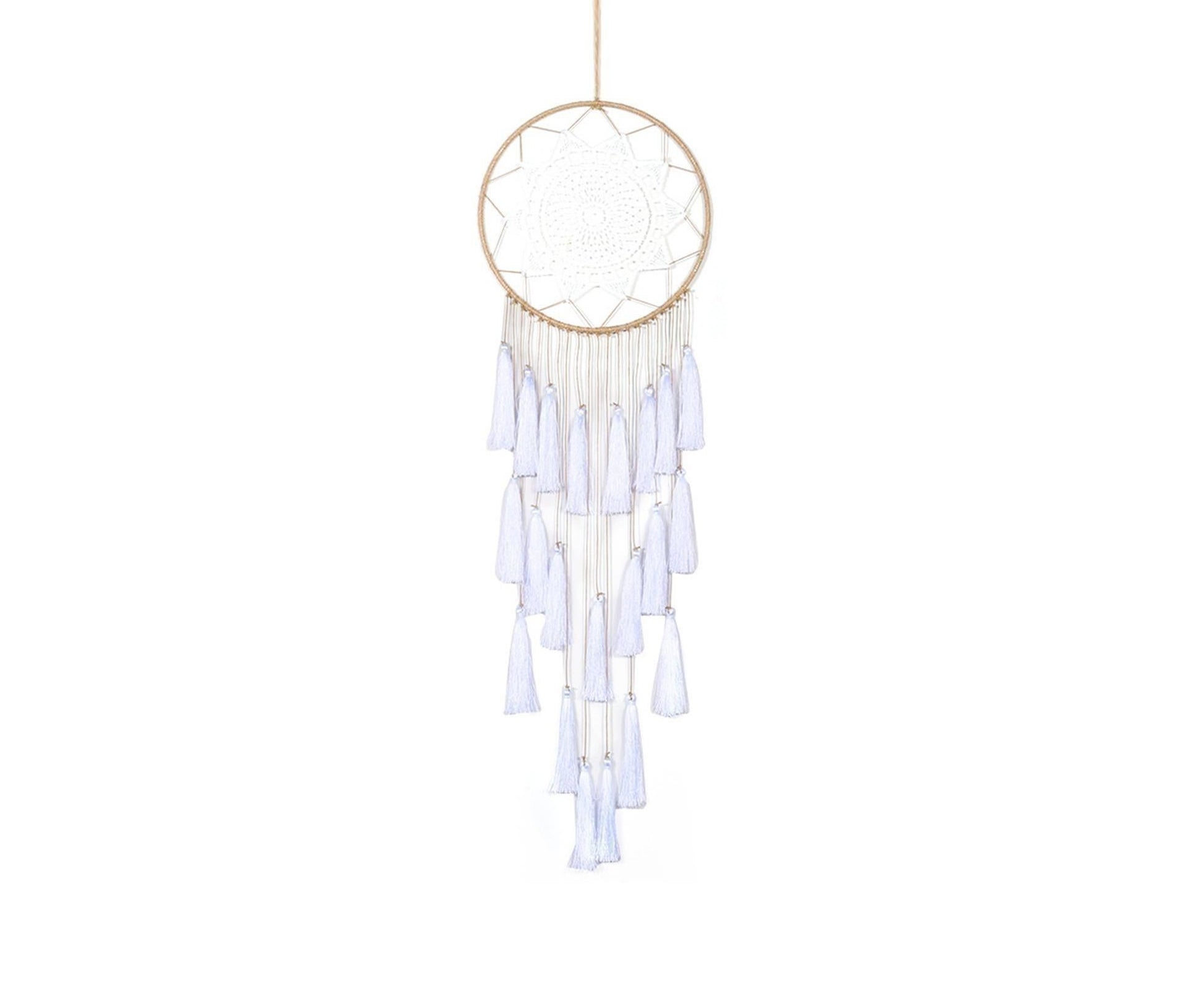 Round Handmade Wall Hanging Wind Chime Dream Catcher with Tassel Home Decor-White