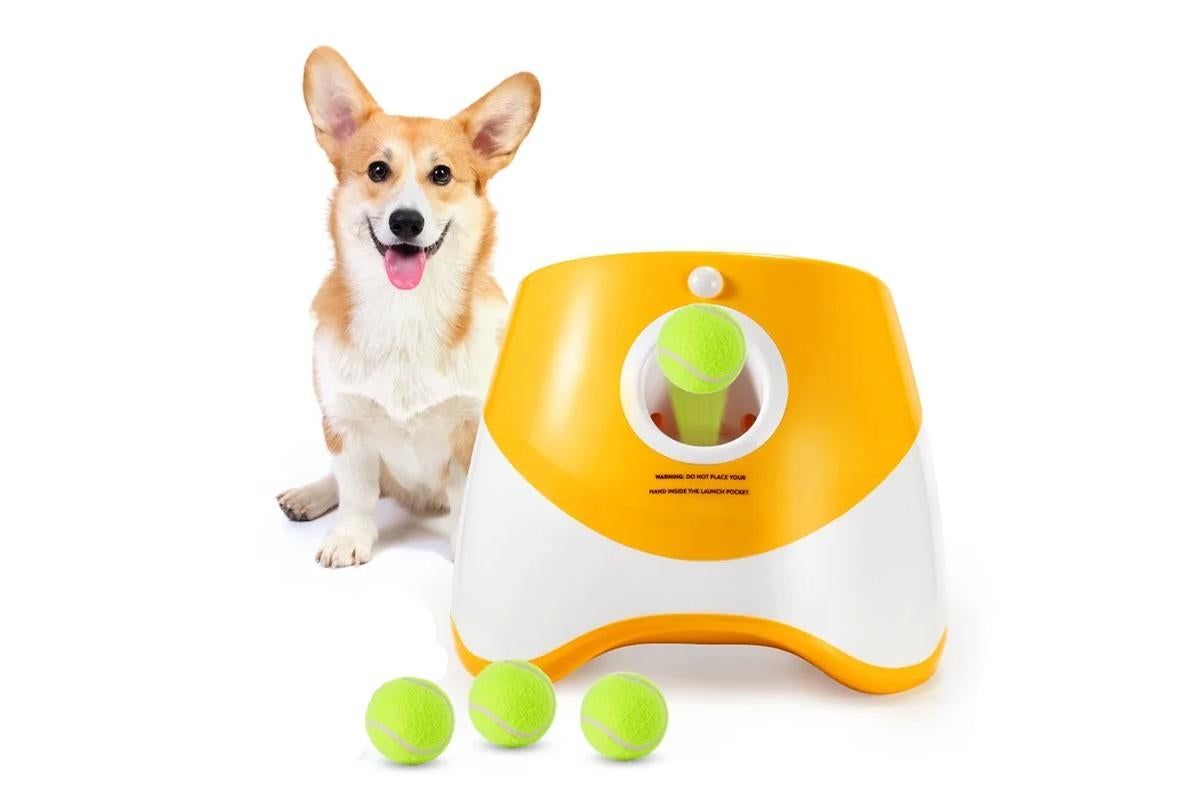 Dog Ball Launcher Thrower Automatic Tennis Fetch Throwing Machine with 3 Balls -Orange