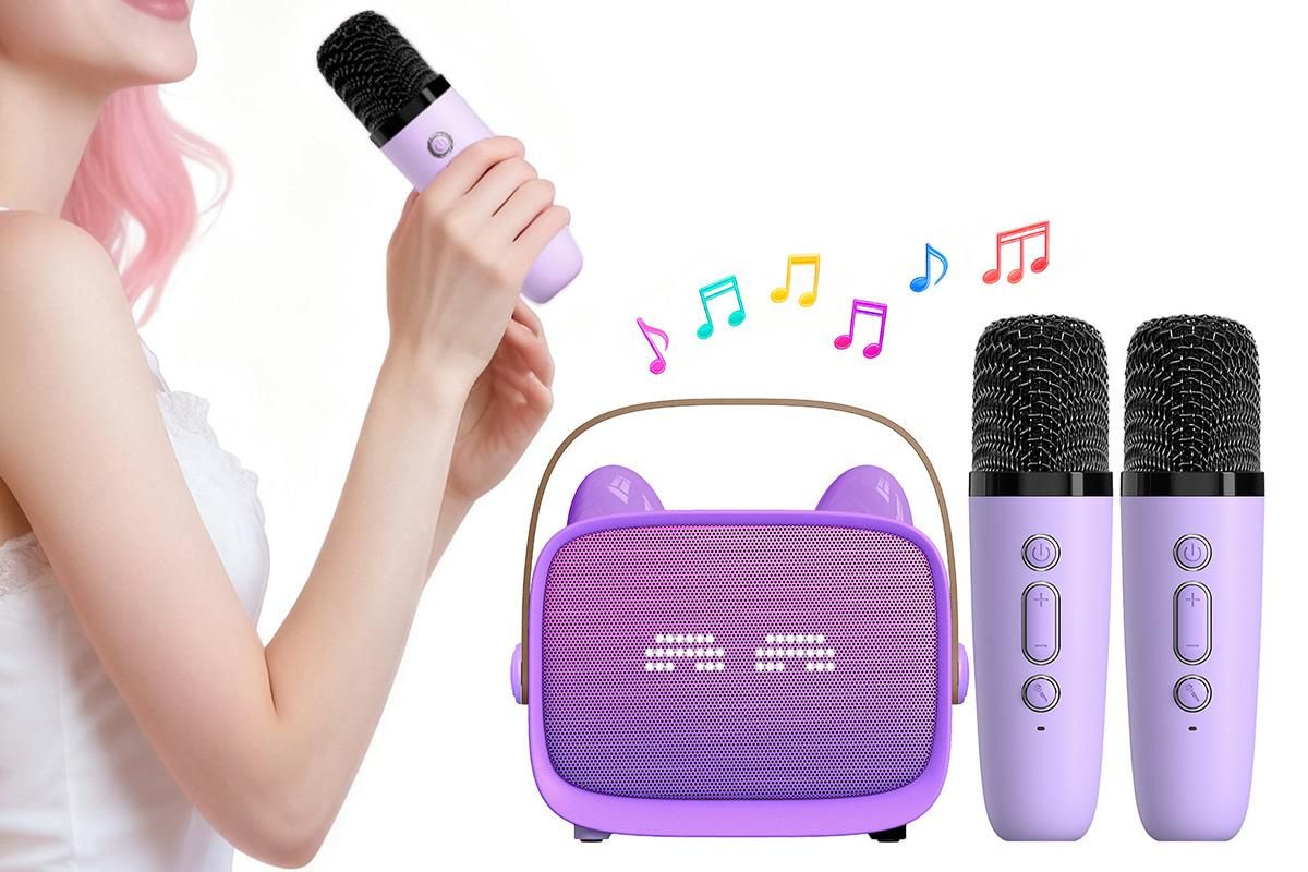Mini Karaoke Machine Toys Gifts Portable MP3 Player with 2 Wireless Microphone - Purple