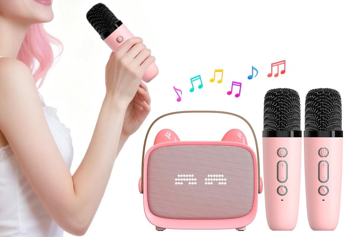 Mini Karaoke Machine Toys Gifts Portable MP3 Player with 2 Wireless Microphone - Pink