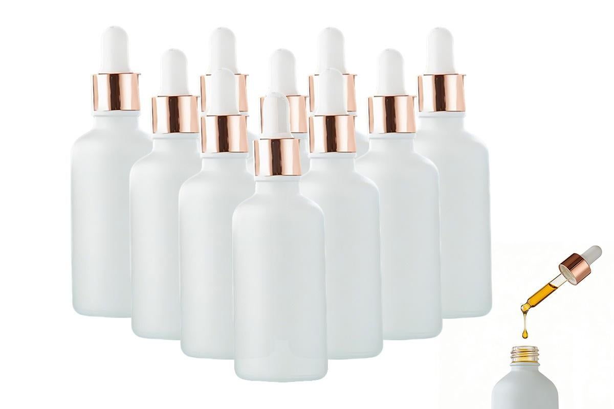 10 Pack Glass Dropper Bottles Rose Gold Caps for Essential Oils - 50ml