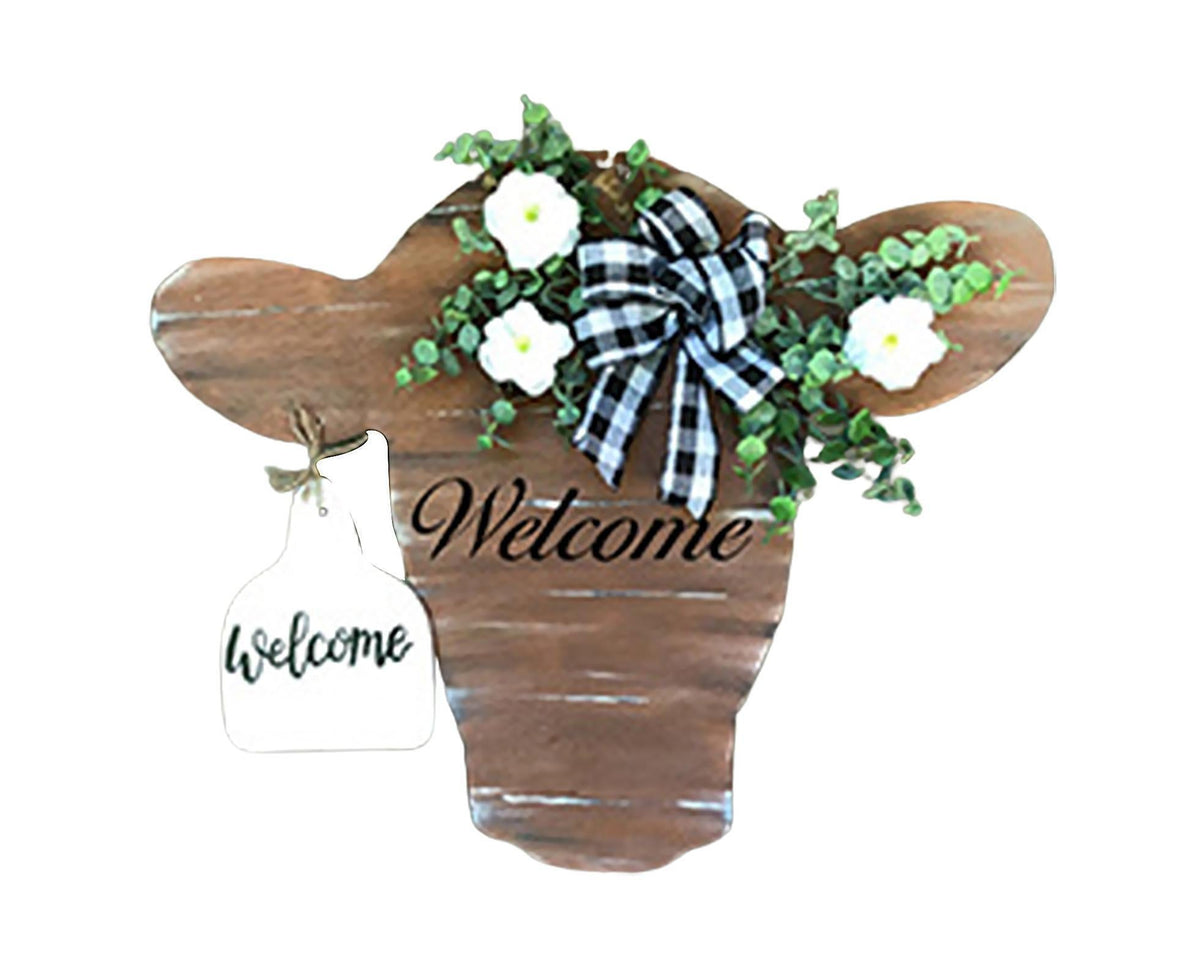 Welcome Porch Sign Cow Head Shaped DIY Craft Acrylic Ornamental Front Door Hanger for Home-Brown