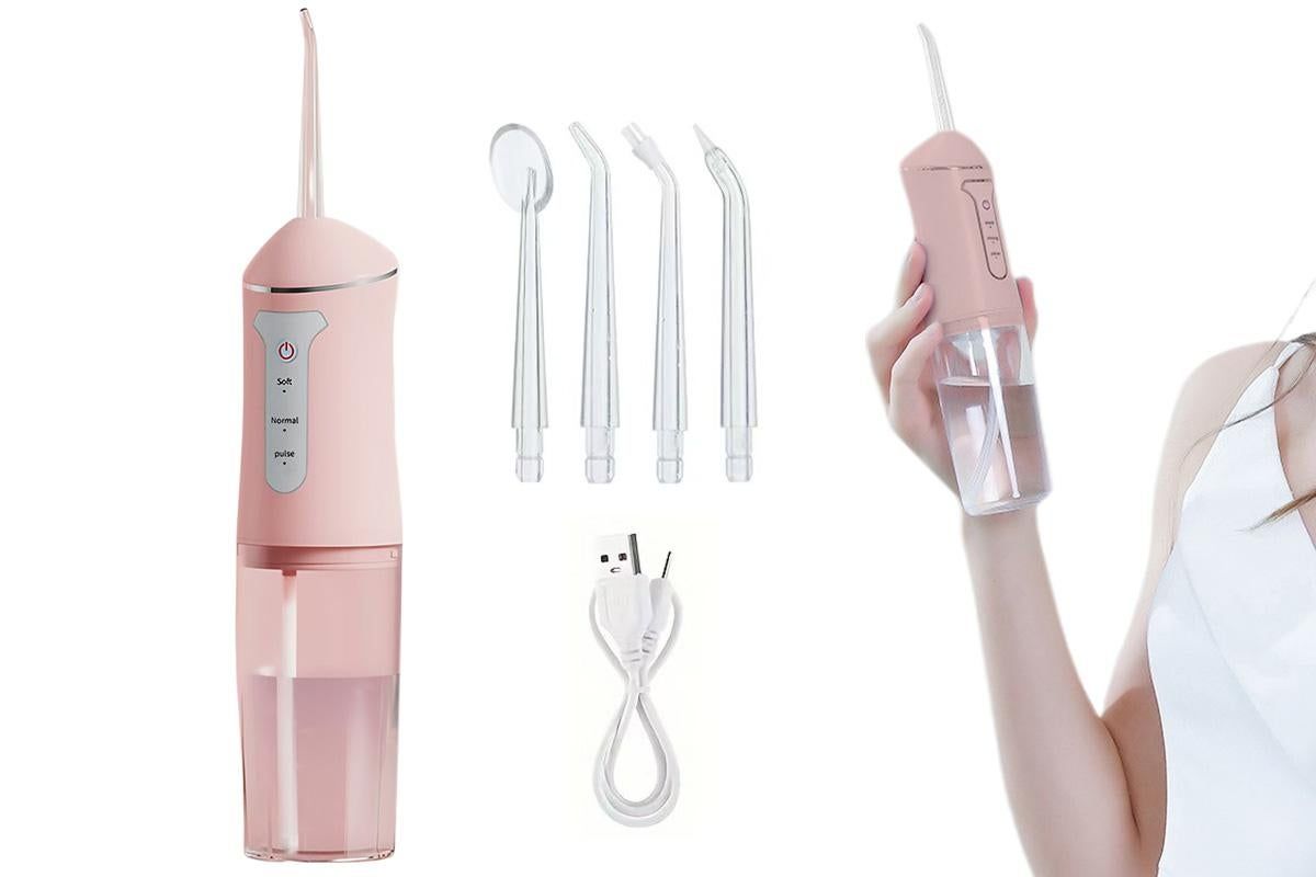 Cordless Portable Electric Water Flosser Teeth Cleaner Floss Irrigator With 4 Jet Tips - Pink