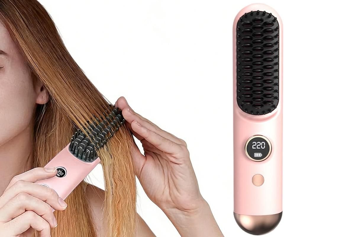 Cordless LCD Hair Straightening Brush 2-in-1 Portable Styling Tool for Travel - Pink