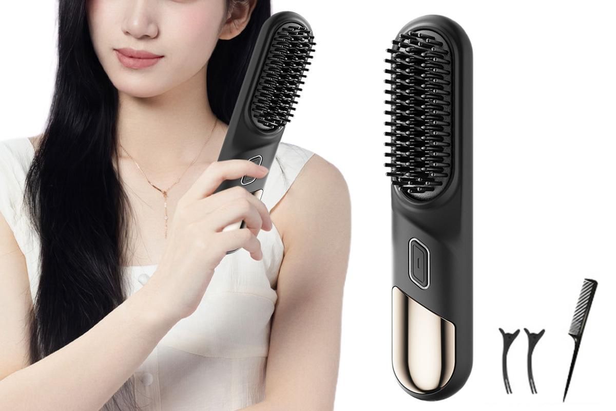 Portable Cordless Heated Straightening Brush for Travel Cordless Hair Straightener Brush Comb Straightener for Women -Black