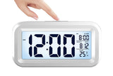 Desk Small Clock Night Light Digital Alarm Clock Battery Operated with Indoor Temperature -White