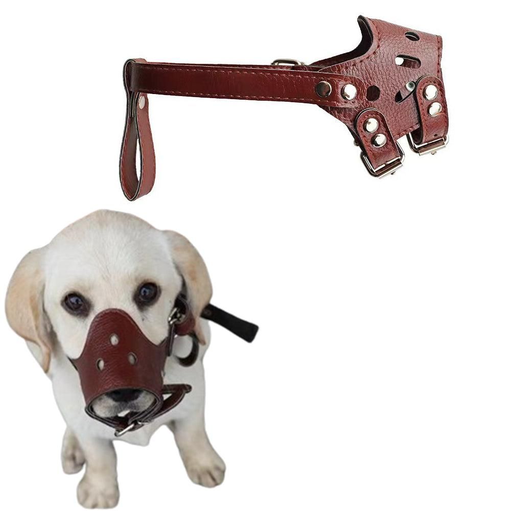 Adjustable PU Leather Dog Muzzle Pet Breathable Anti Bite Bark Chew Muzzles Brown - L