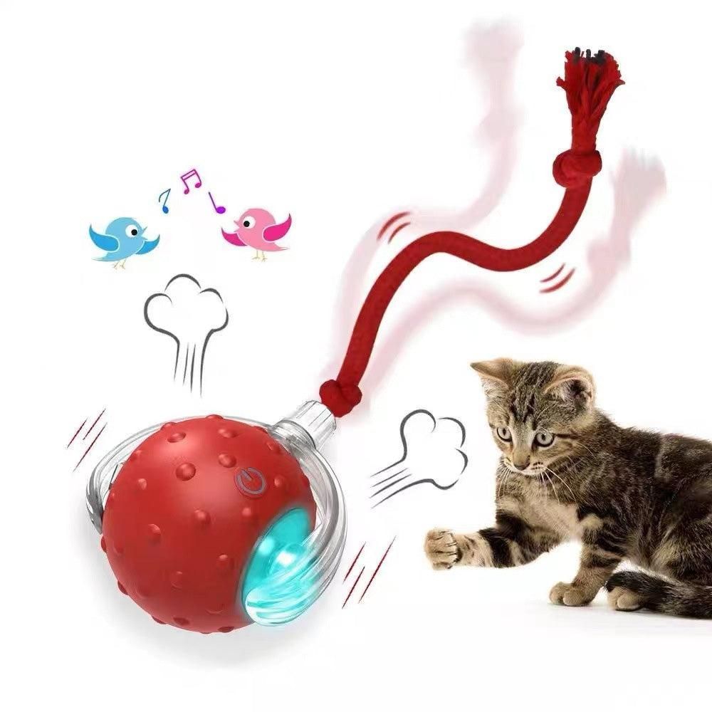 Motion Activate Interactive Cat Toy Rechargeable Smart Rolling Ball with Rope Red