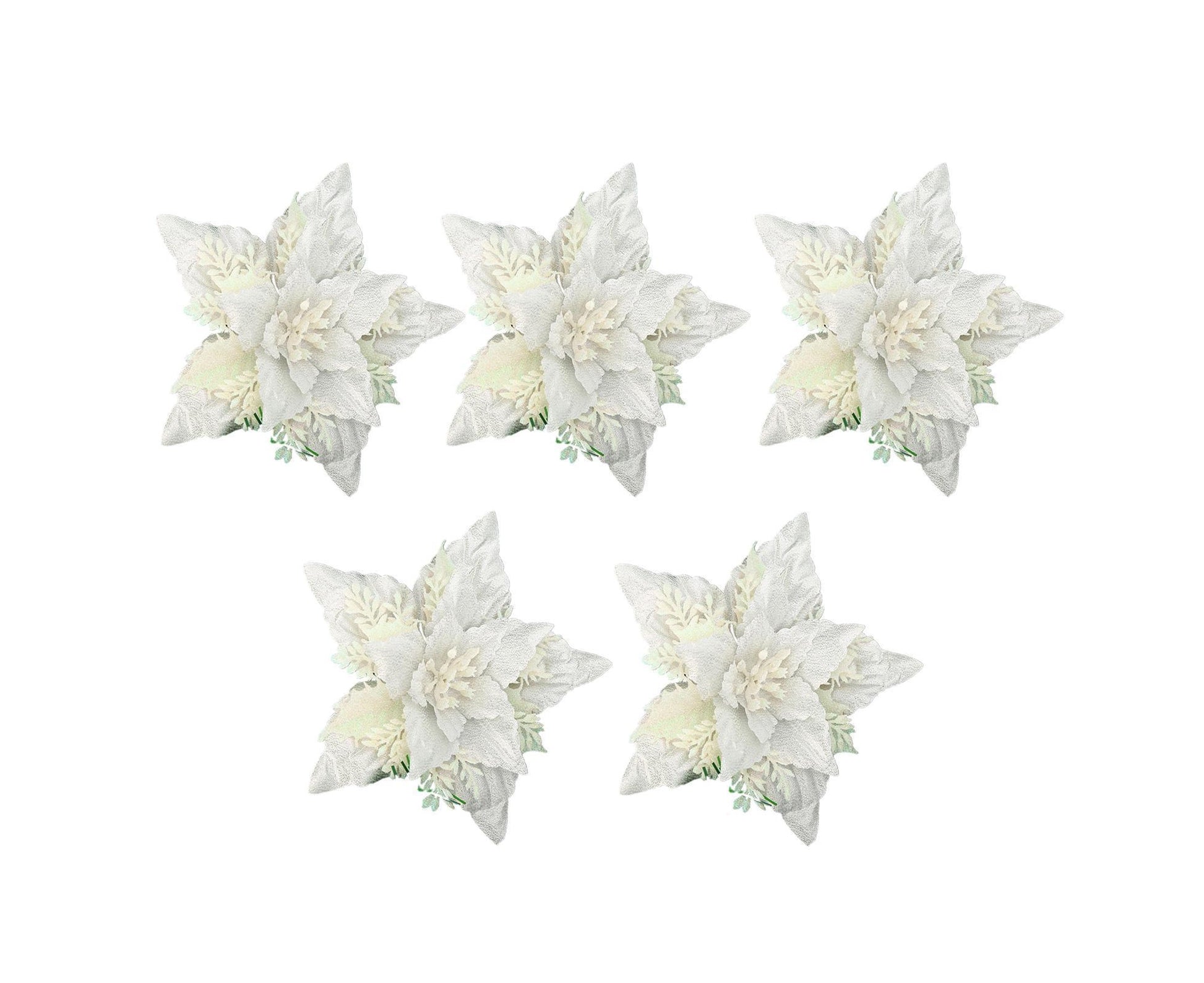 5Pcs Artificial Xmas Flower Leaves-Silver White