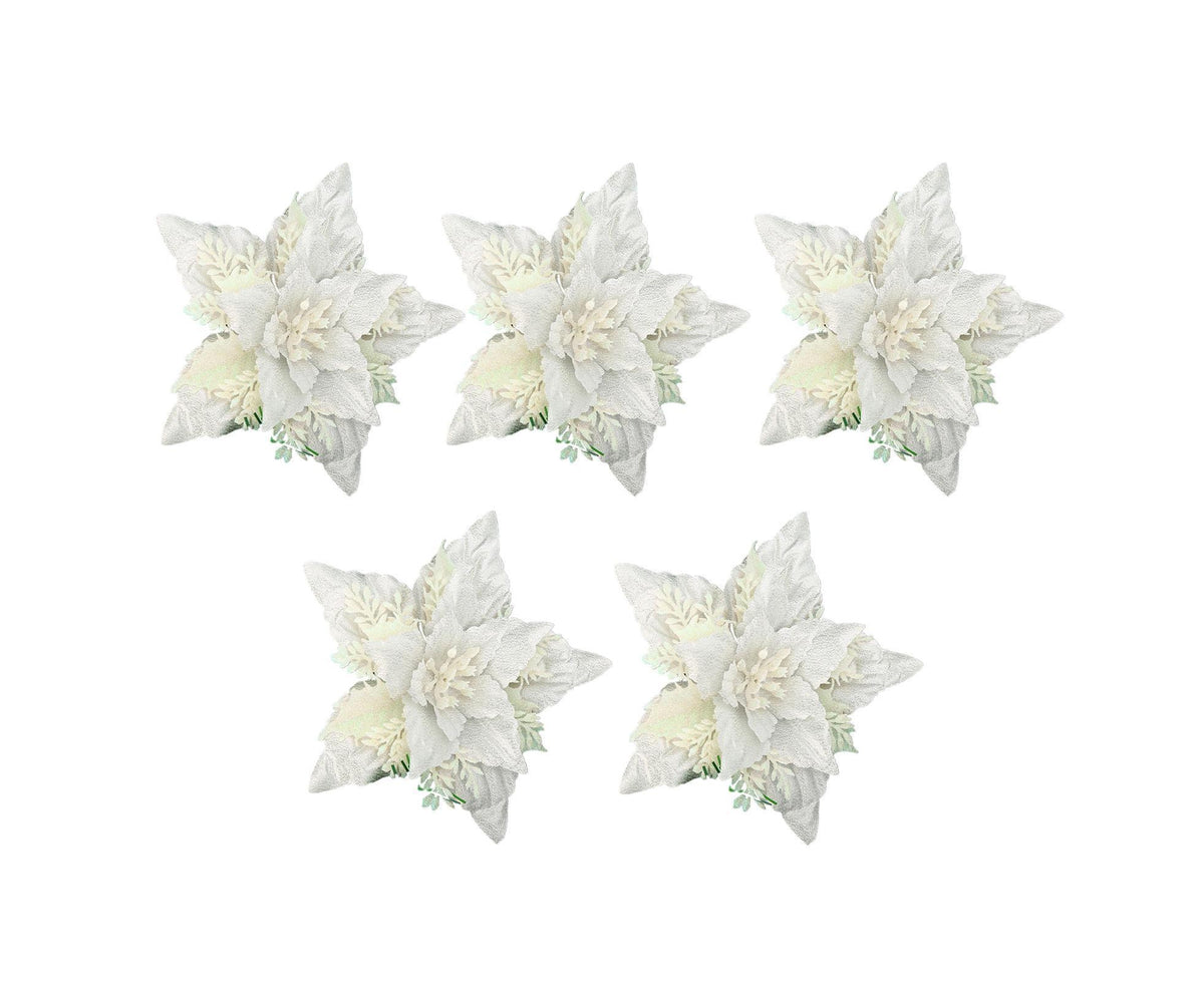 5Pcs Artificial Xmas Flower Leaves-Silver White