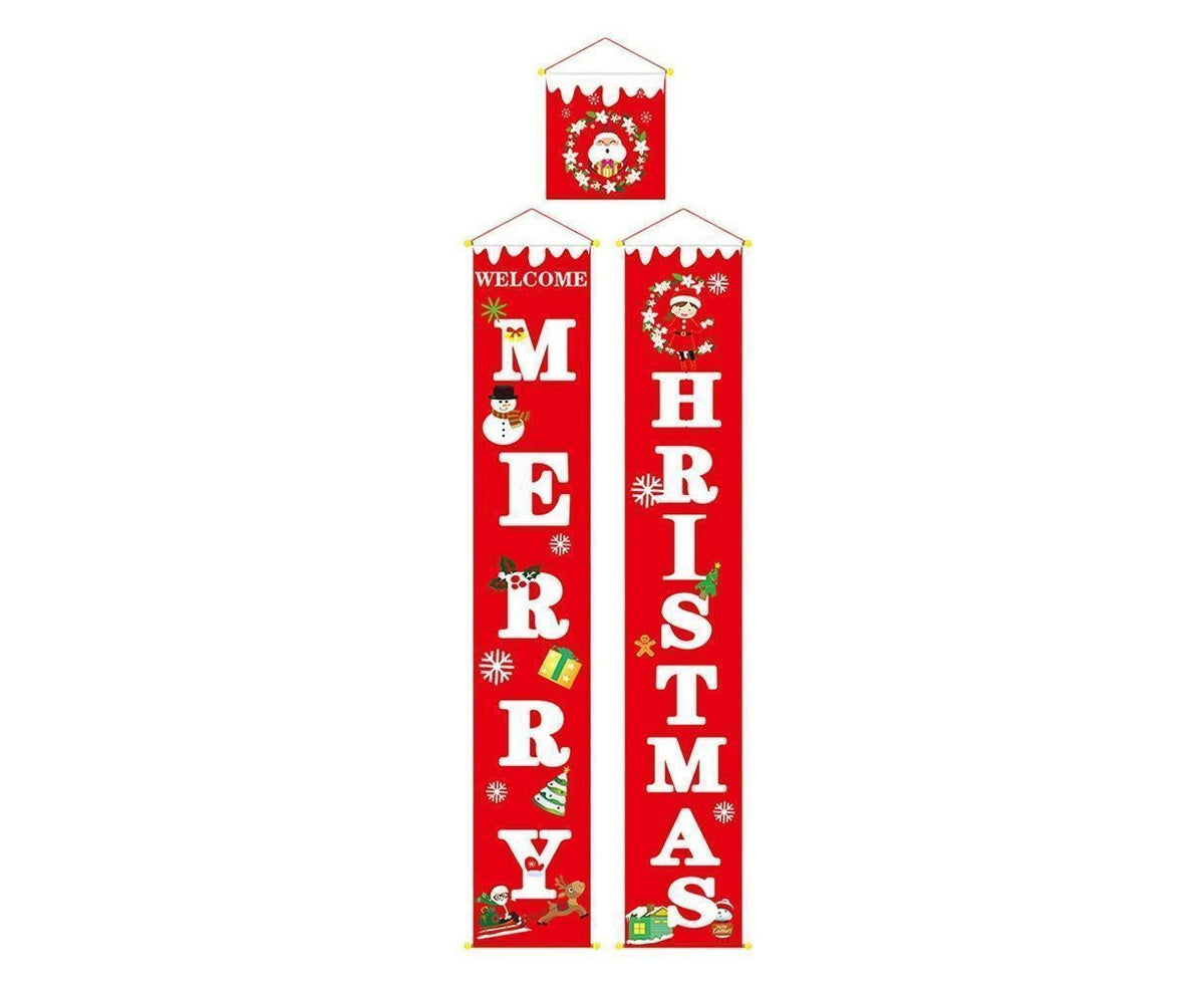 Merry Christmas Santa Elk Snowman Print Hanging Banner Sign Flag Xmas Door Decor-Red