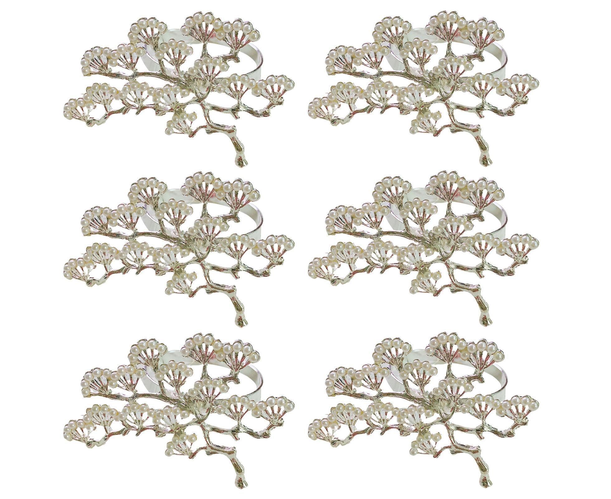 6Pcs Pine Tree Artificial Pearl Shape Napkin Ring Party Dinner Table Decoration-Silver