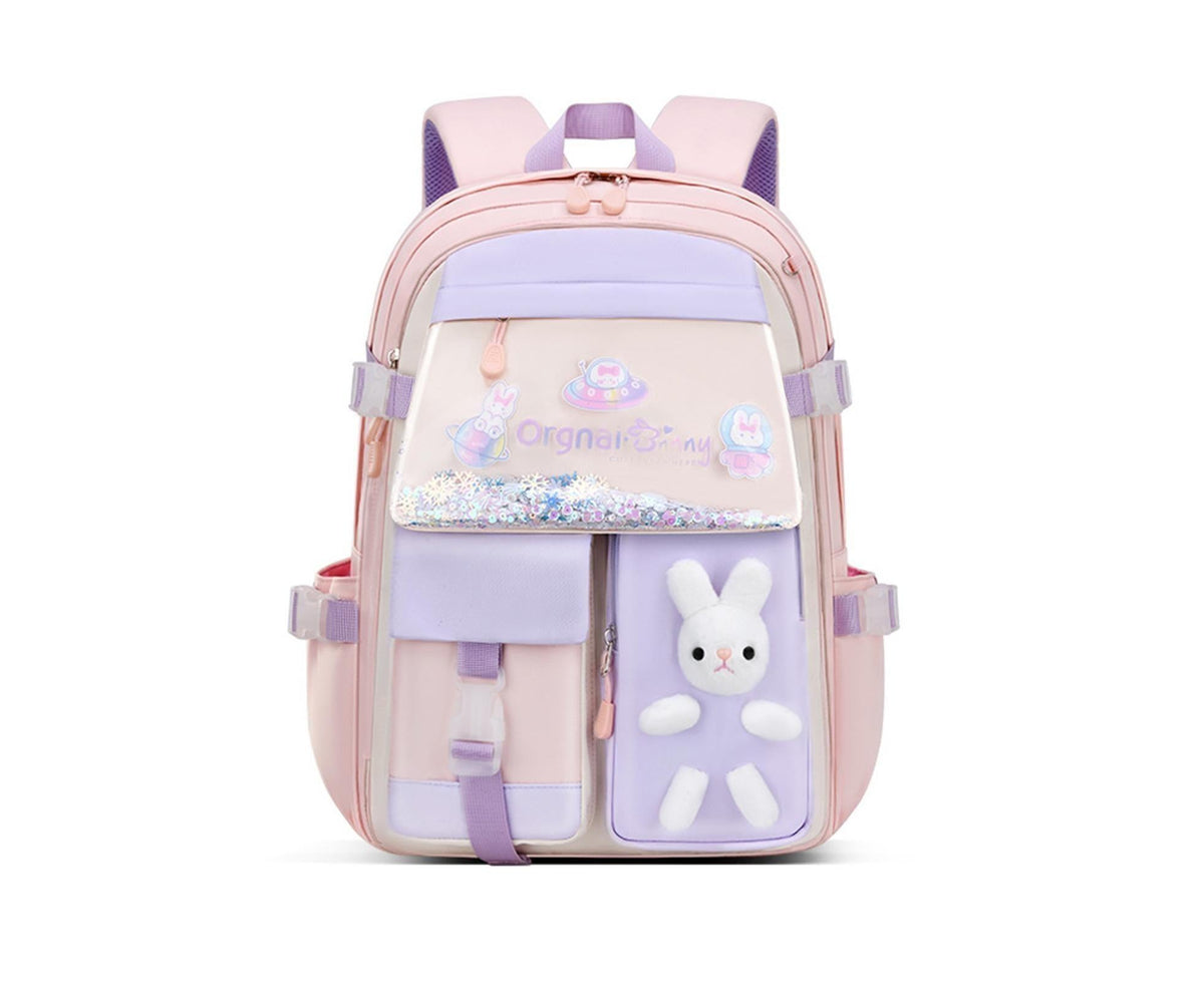 Students Backpack Cartoon Rabbit Waterproof Oxford Cloth Smooth Zipper Bookbag School Bag for Middle School Students - Pink