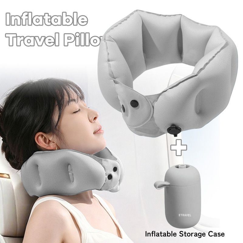 Portable Inflatable Travel Neck Pillow, Nap Pillow, Comfortable Neck Support for Long Trips, Easy to Pack for Business Trips and Travel, Foldable and Slim Travel Pillow - Gray