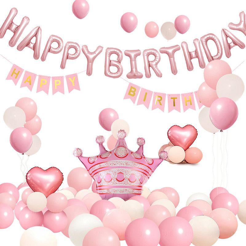 Birthday Party Decor Set: “HAPPY BIRTHDAY” Balloons + Bunting + Crown Set, Birthday Party Decor - Pink Set