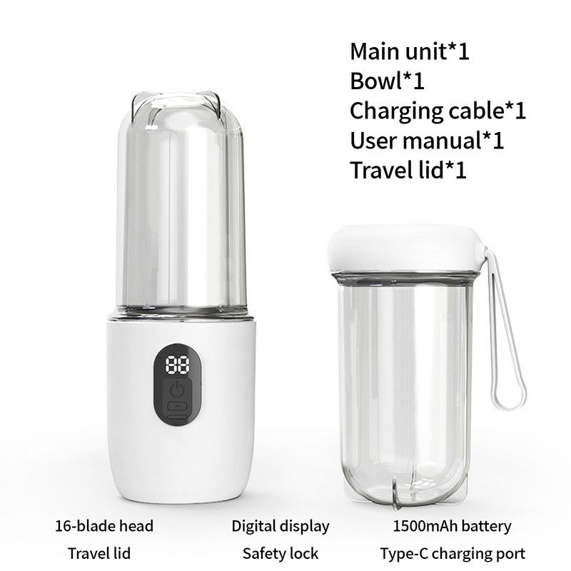 Portable Electric Juicer Cup, with Digital Display, for Home Use, High-Power 16-Blade Head, Large-Capacity Outdoor Portable Wireless Charging Juicer Cup, Food-Grade Material with Child Safety Lock Design - White