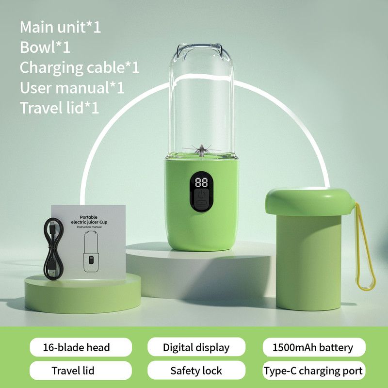 Portable Electric Juicer Cup, with Digital Display for Home Use, High-Power 16-Blade Head, Large-Capacity Outdoor Portable Wireless Charging Juicer Cup, Food-Grade Material with Child Safety Lock Design - Green