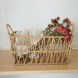 Handwoven paper rope storage basket with a rectangular design and two handles; perfect for organizing desk clutter, snacks, and cosmetics; Bohemian-style storage basket