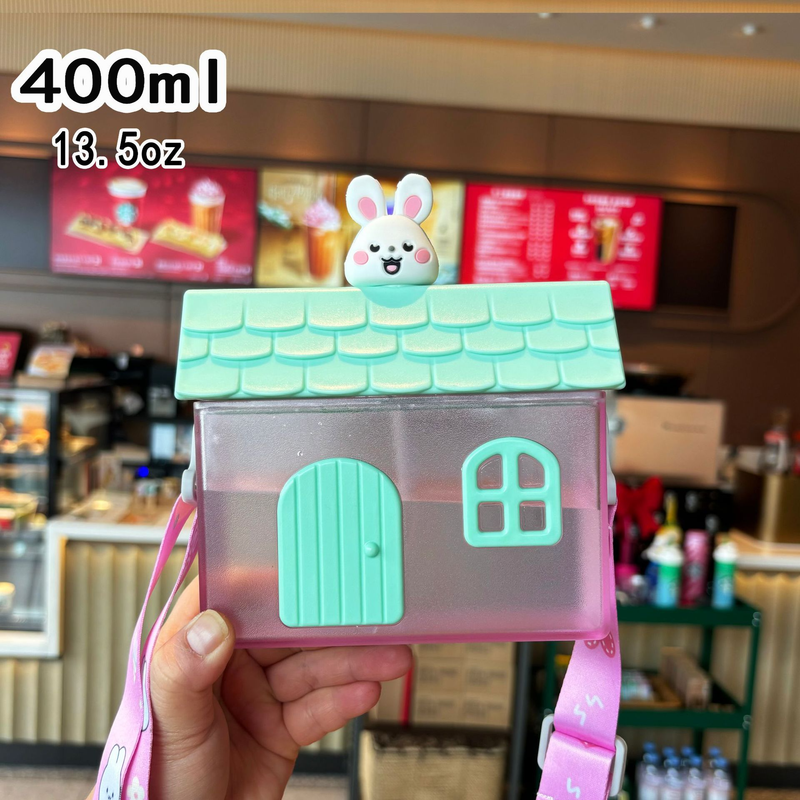 Creative Little House-Shaped Children's Straw Cup, 400ml Portable Outdoor Water Cup with Strap - Pink Bunny Design