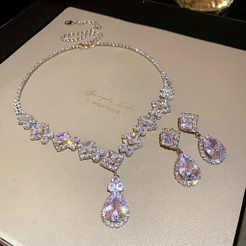 High-Brilliance Zircon Necklace and Earring Set, Evening, Wedding, and Party Jewelry for Women