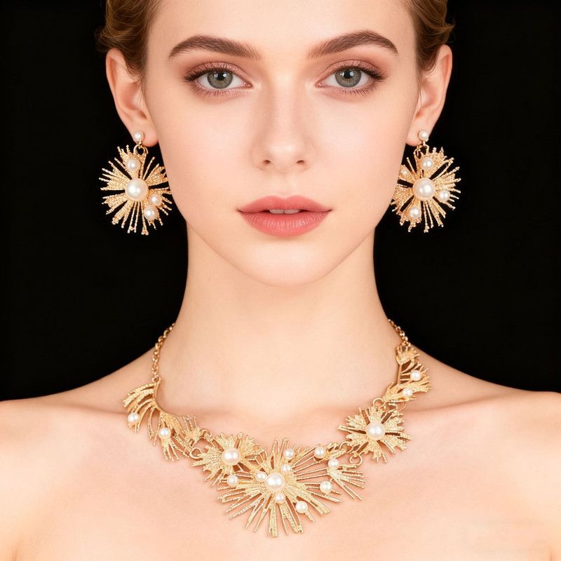 Affordable Luxury Vintage Firework Feather and Faux Pearl Necklace and Earring Set, Accessories for Bridal and Evening Gowns
