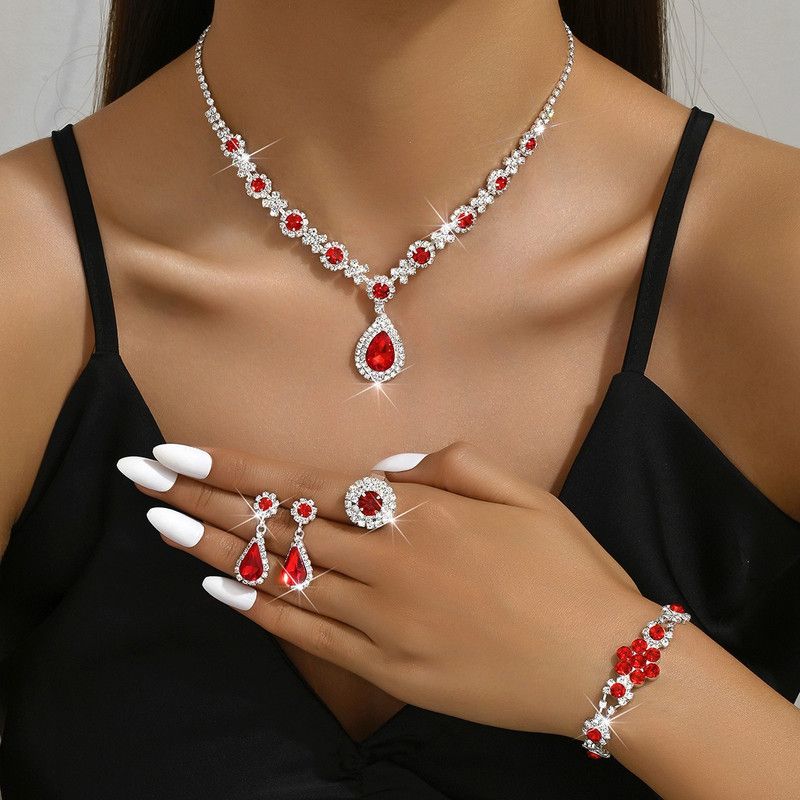 High-end Colored Gemstone Teardrop Jewelry 4-Piece Set, Women's Accessory Set, Wedding and Evening Accessories - Red
