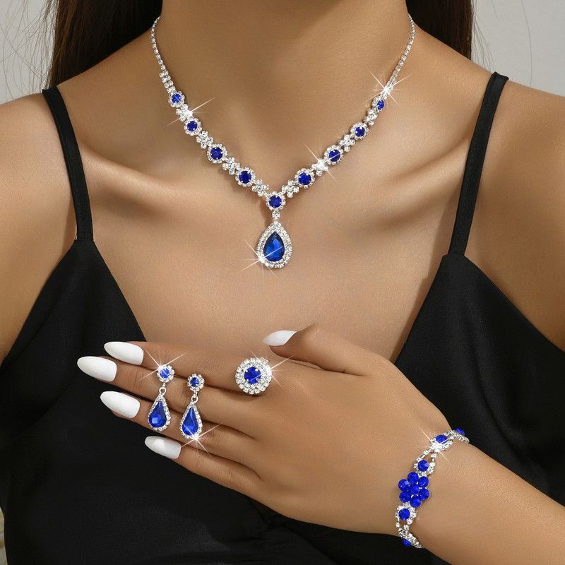 Luxury Colored Gemstone Teardrop Jewelry 4-Piece Set, Women's Accessory Set, Wedding and Evening Accessories - Blue