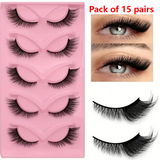15-pair set of cat-eye false eyelashes with extended mink-style tips; thick and long