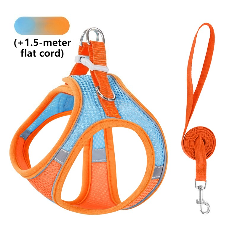 Breathable Reflective Pet Harness Set: Vest-Style Dog Harness + Leash - Orange and Blue-M