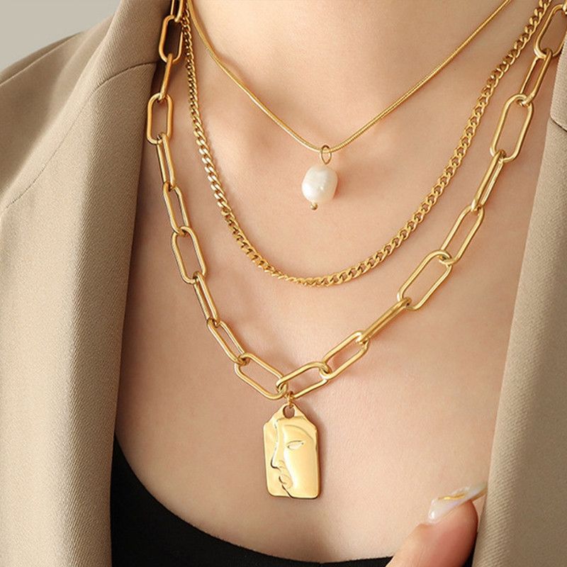 Artistic Face Pearl Necklace, Three-Strand Layered Gold-Plated Collar Necklace, Unique Women's Fashion Necklace - Gold