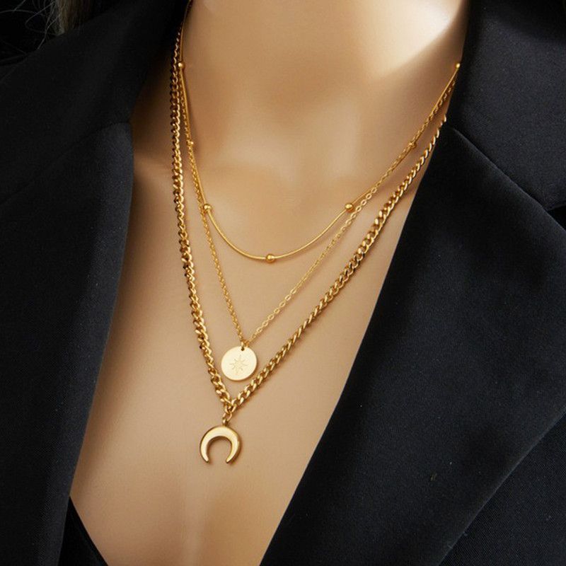 Three-Tier Layered Star and Moon Round Pendant Necklace: 18K Gold-Plated Titanium Steel Collar Necklace for Women