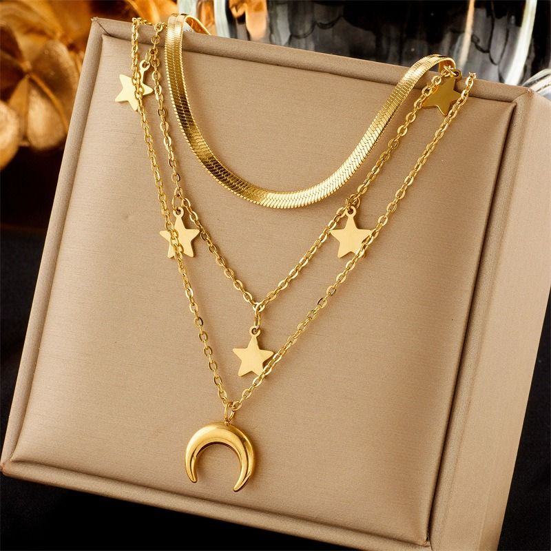 Triple-strand Star and Moon Titanium and Steel Necklace, 18K Gold-Plated Collar Chain, Women's Snake-Chain Jewelry