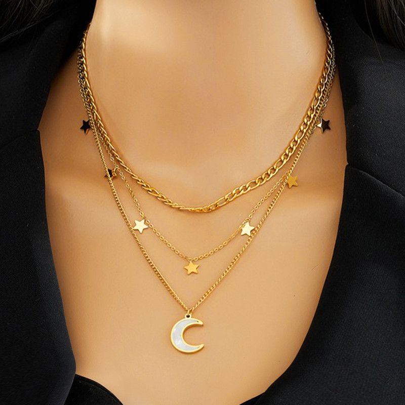 Three-tier layered star-and-moon mother-of-pearl and titanium steel necklace with an 18K gold-plated clasp