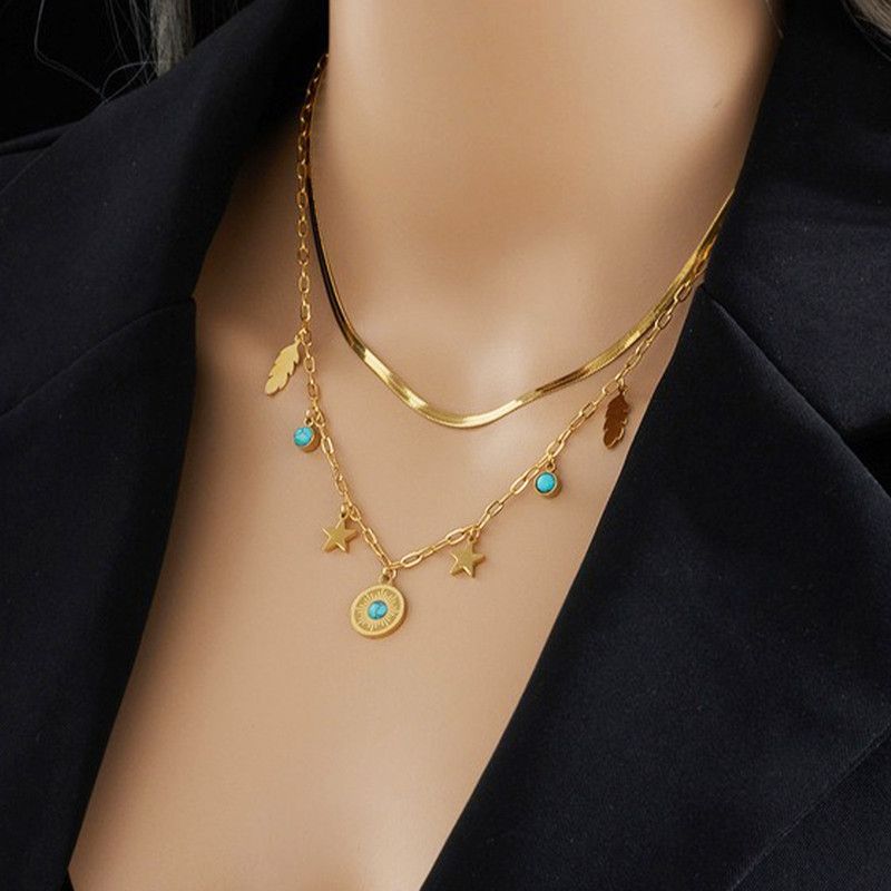 Bohemian-Style Double-Layer Layered Necklace: Gold-Plated Titanium Steel Collar Necklace—Unique Vintage Jewelry for Women