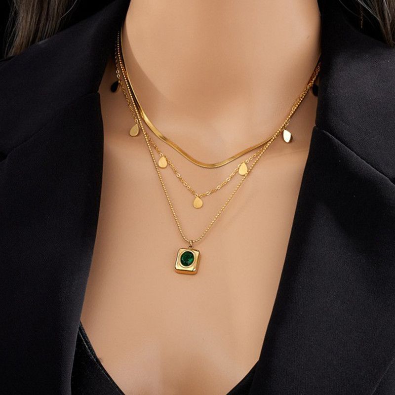French Vintage Emerald Pendant Three-Tier Layered Necklace, 18K Gold-Plated Titanium Collier