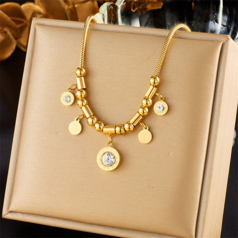 Roman-Style Diamond-Studded Round Bead Necklace, Gold-Plated Titanium Steel Collar Necklace, Unique Vintage Jewelry for Women