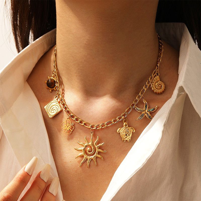 Ocean-themed multi-pendant necklace, gold-plated titanium steel choker, women's vacation-inspired fashion necklace
