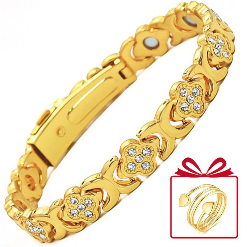 Lucky Clover Magnetic Bracelet with Free Heart Ring Set, Simple Everyday Women's Bracelet - Gold