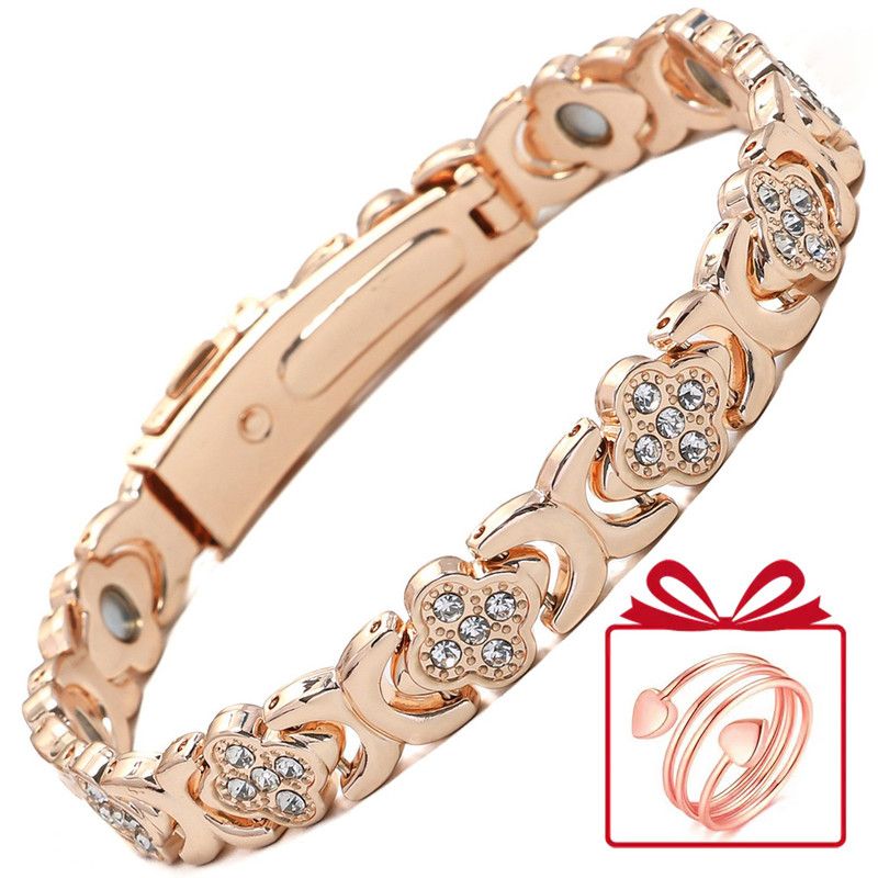 Lucky Clover Magnetic Bracelet with Free Heart Ring Set, Simple Everyday Women's Bracelet - Rose Gold