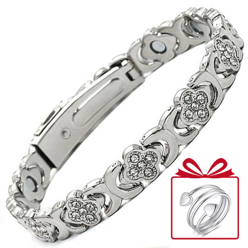 Lucky Clover Magnetic Bracelet with Free Heart Ring Set, Simple Everyday Women's Bracelet - Silver