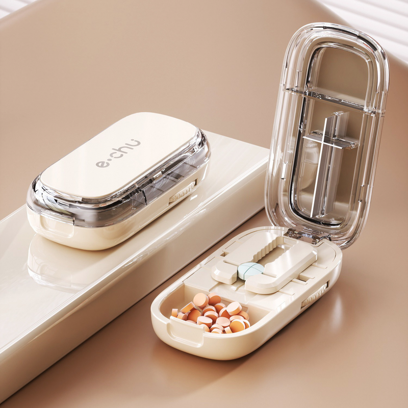 2-in-1 Pill Cutter with Storage Box, Adjustable Rotary Clip Pill Splitter for Halving and Quartering, Portable Travel Medicine Container for Various Tablet Sizes - White