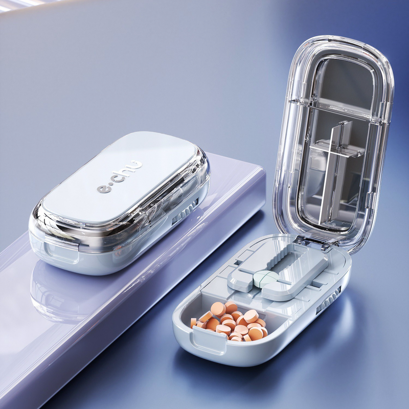 2-in-1 Pill Cutter with Storage Box, Adjustable Rotary Clip Pill Splitter for Halving and Quartering, Portable Travel Medicine Container for Various Tablet Sizes—Blue